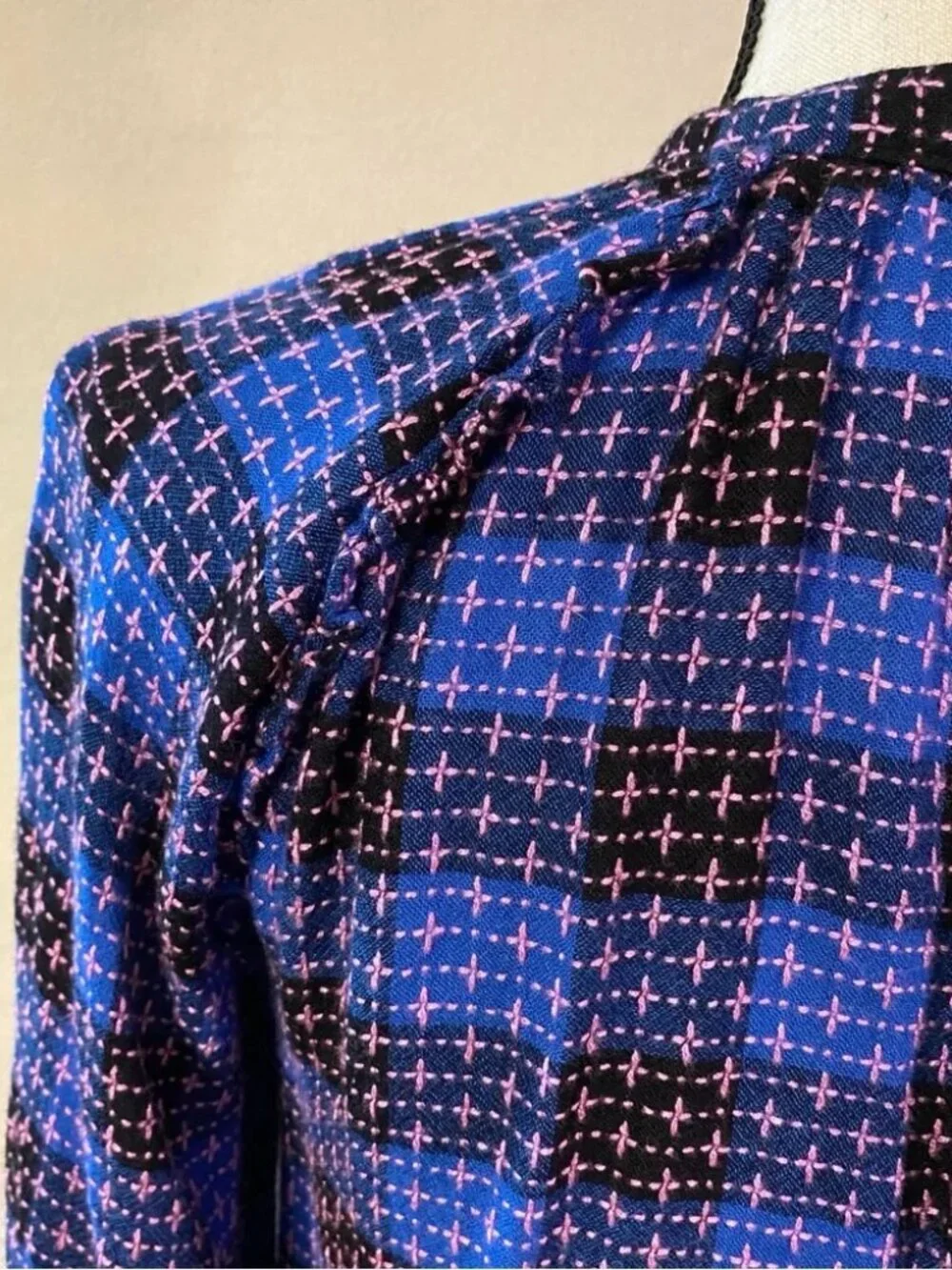 Pilcro Anthropologie blue pink black plaid ruffle button down shirt